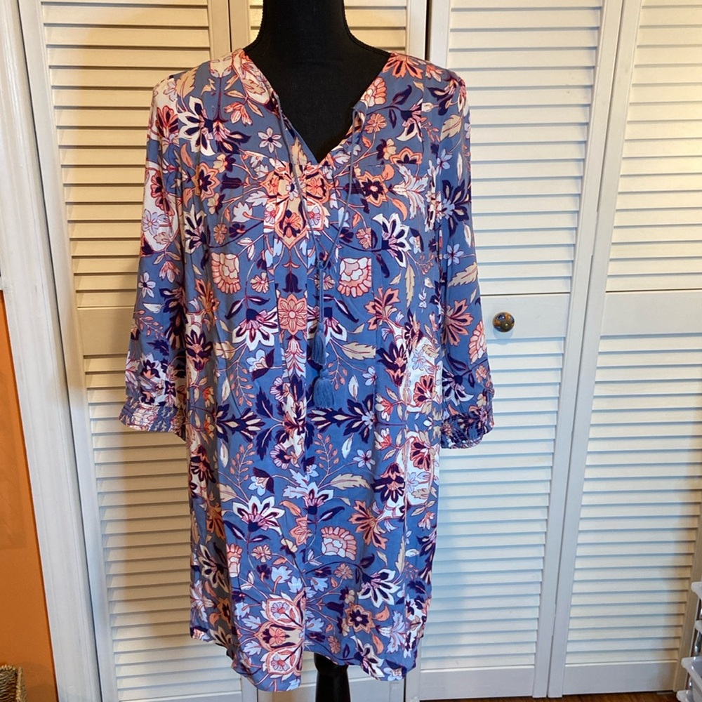Old Navy Floral Lined Mini Dress with tassel tie at neckline, 3/4 sleeve, M